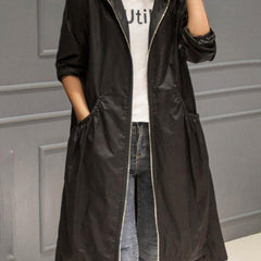 Hooded Zip-Up Long Trench Coat