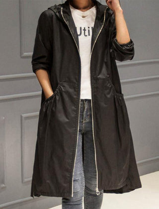 Hooded Zip-Up Long Trench Coat