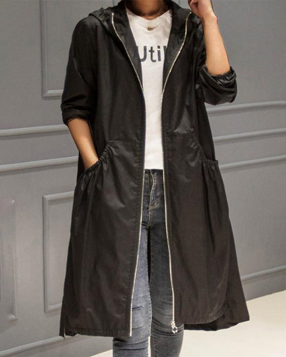 Hooded Zip-Up Long Trench Coat