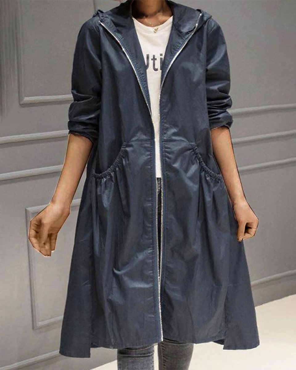 Hooded Zip-Up Long Trench Coat