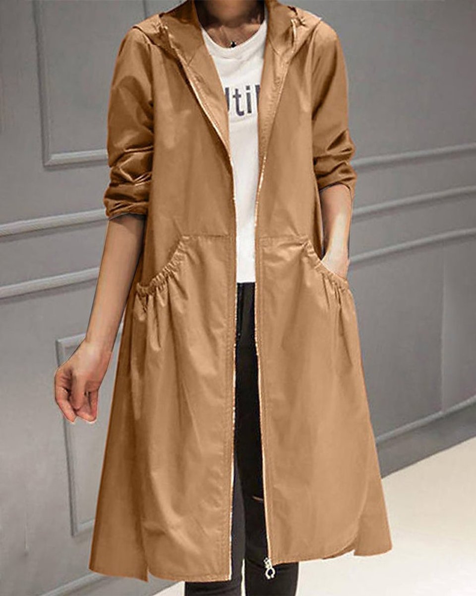 Hooded Zip-Up Long Trench Coat