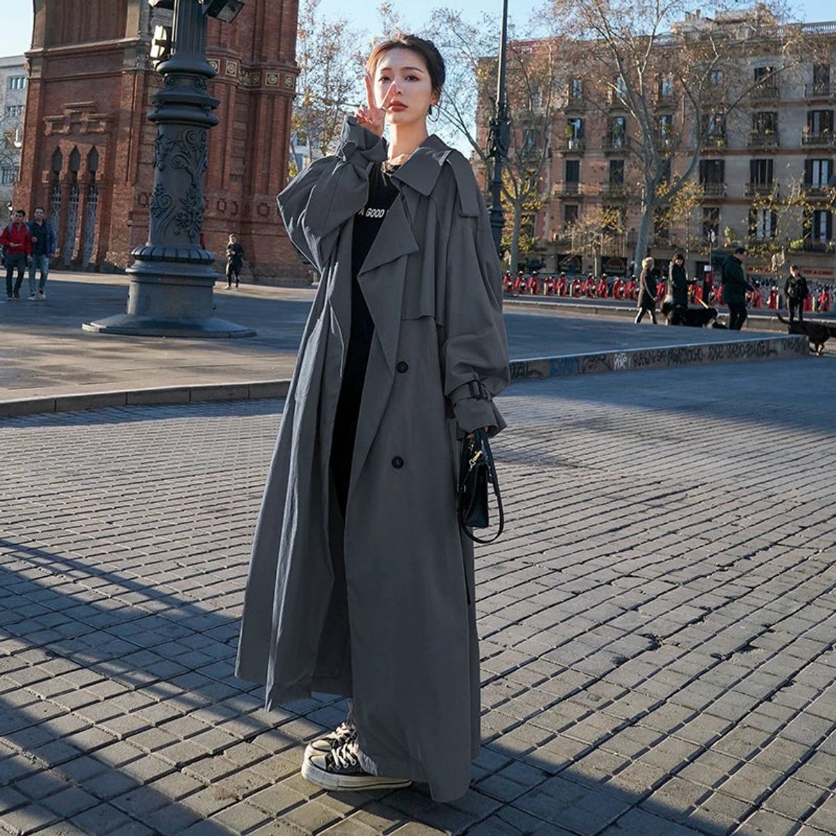 Oversized Double-Breasted Long Trench Coat
