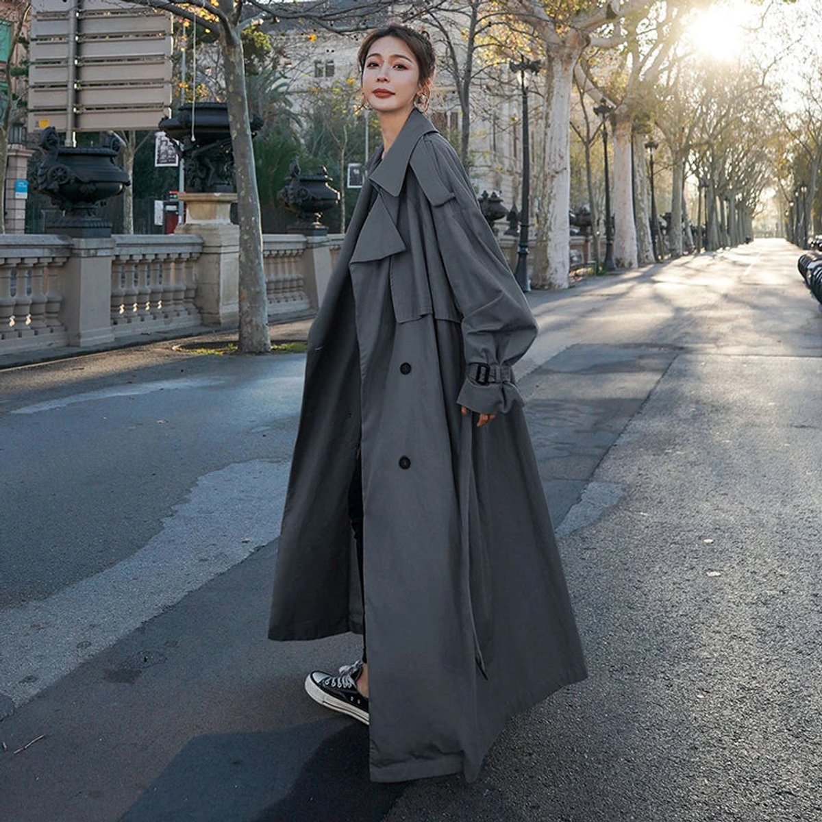 Oversized Double-Breasted Long Trench Coat