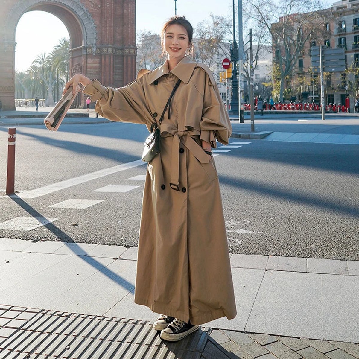 Oversized Double-Breasted Long Trench Coat