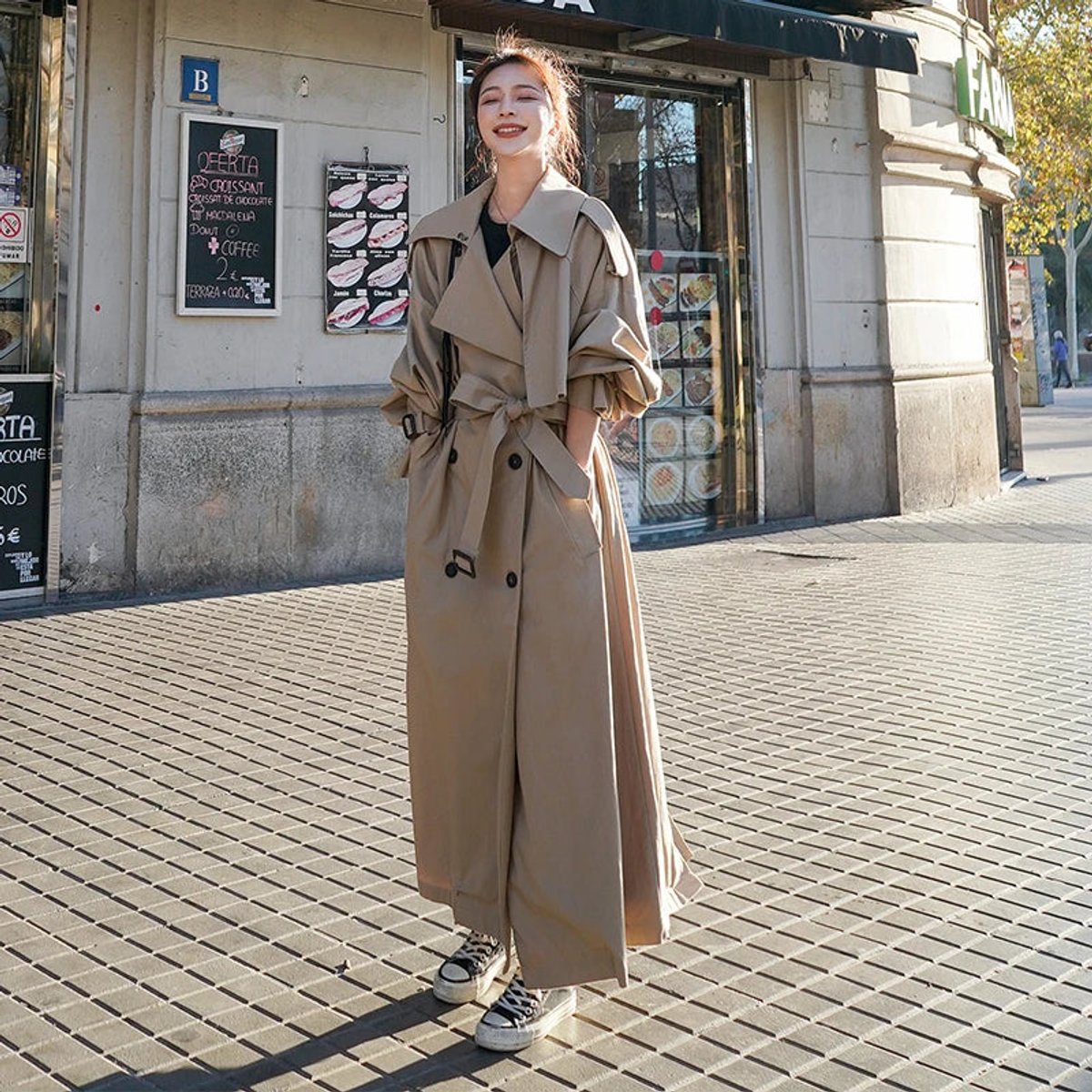 Oversized Double-Breasted Long Trench Coat