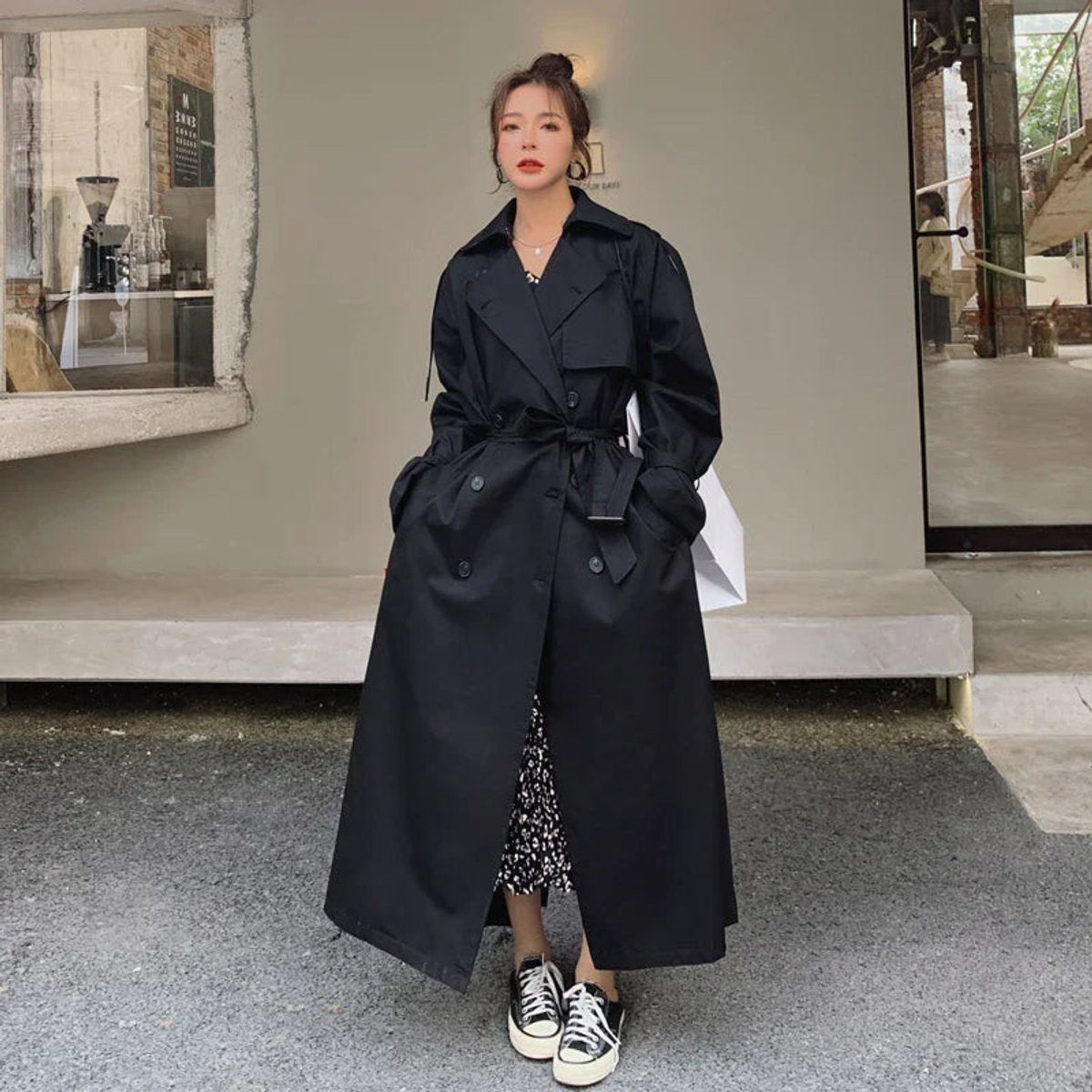 Oversized Double-Breasted Long Trench Coat